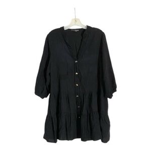 See You Soon Mini Dress Tiered Skirt 3/4 Sleeves Gold Button Front Black Crepe